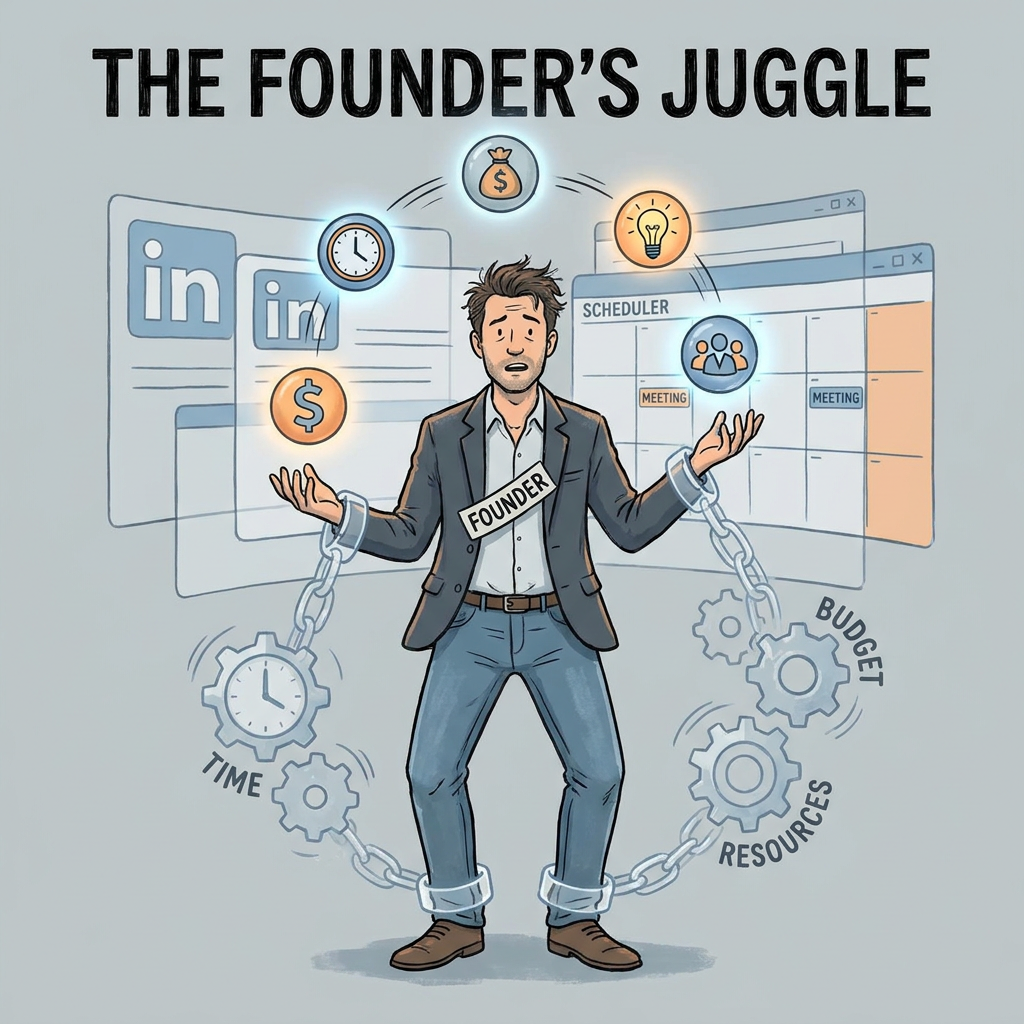 A stressed founder juggling tasks with LinkedIn icons and scheduler tools.