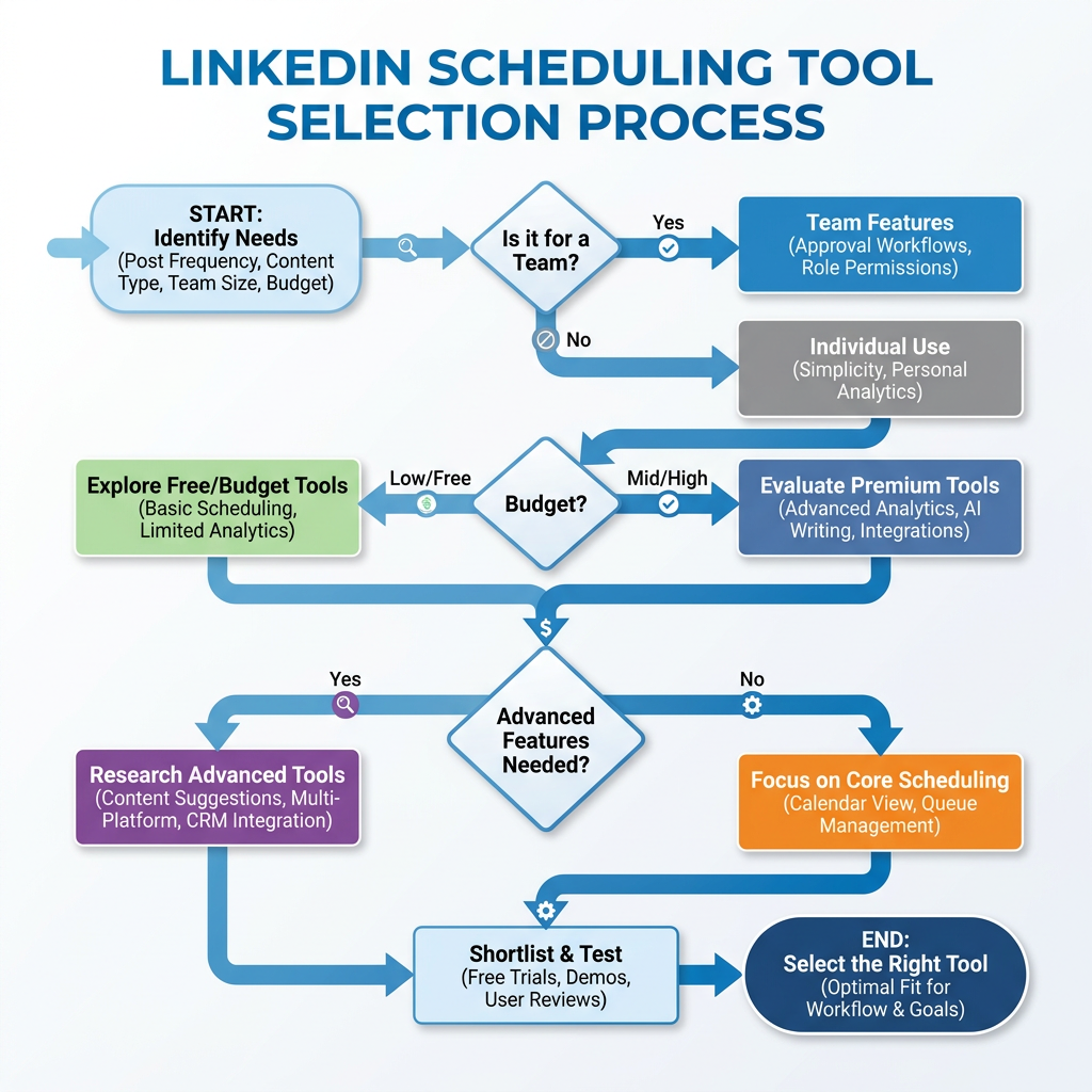 Flow diagram showing the process of choosing LinkedIn scheduling tools.