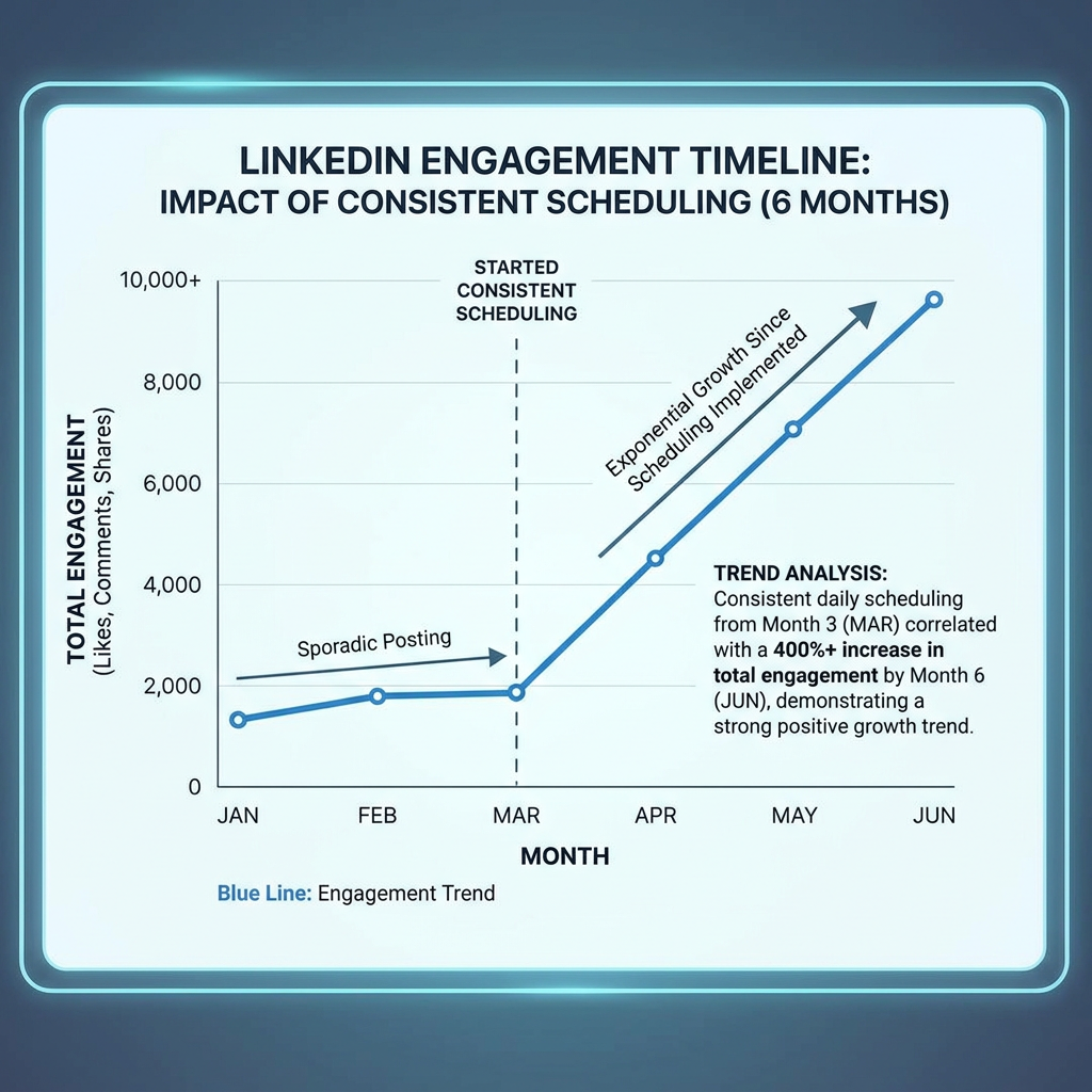 Line graph depicting LinkedIn engagement timeline over six months.