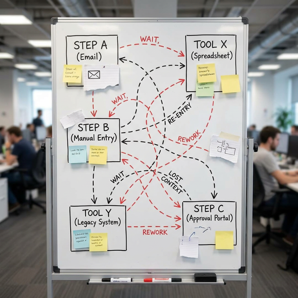 Diagram illustrating a fragmented workflow with disconnected tools and steps.