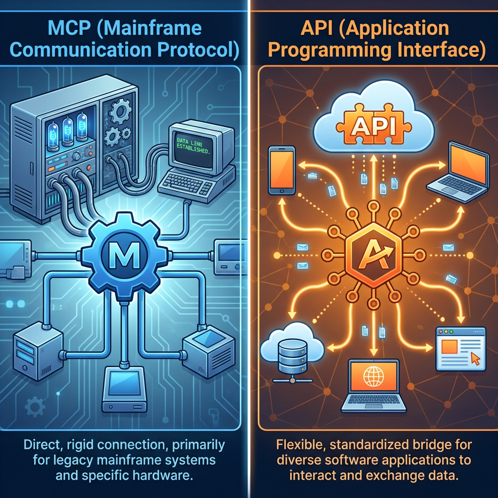 Comparison of MCP and API protocols with distinct visual symbols.