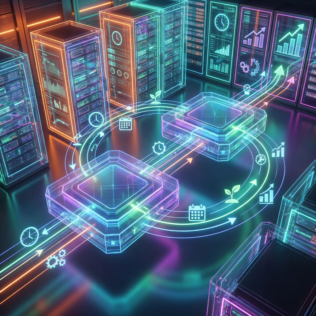 Futuristic illustration of two digital platforms representing scheduling and growth technologies.