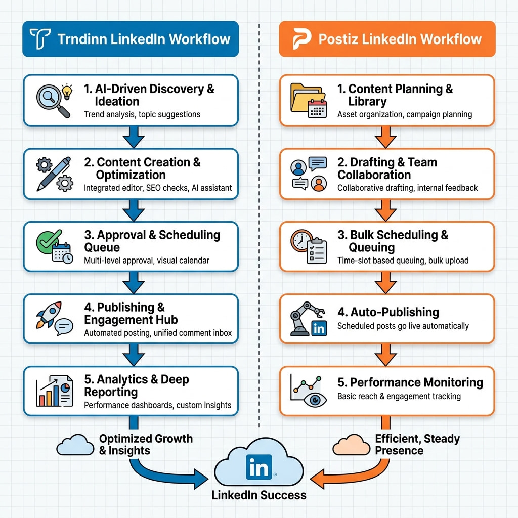 Flow diagram comparing LinkedIn workflows of Trndinn and Postiz.