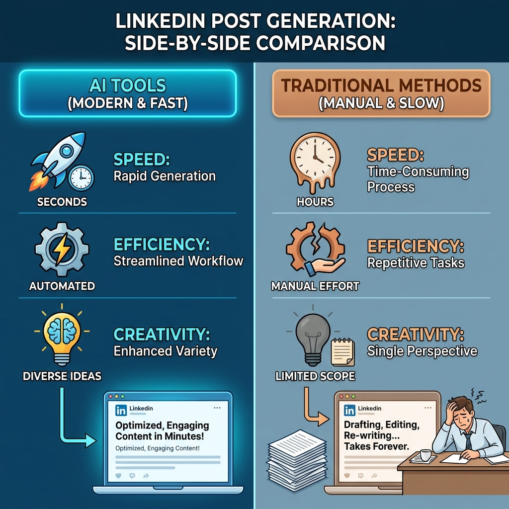 Comparison of AI tools and traditional methods for LinkedIn post generation.