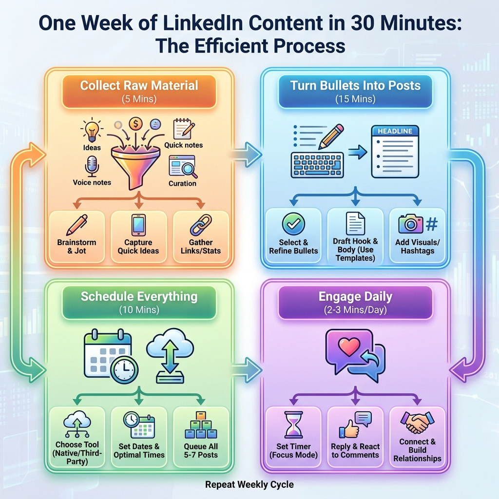 Flowchart showing steps to create a week of LinkedIn content in 30 minutes.