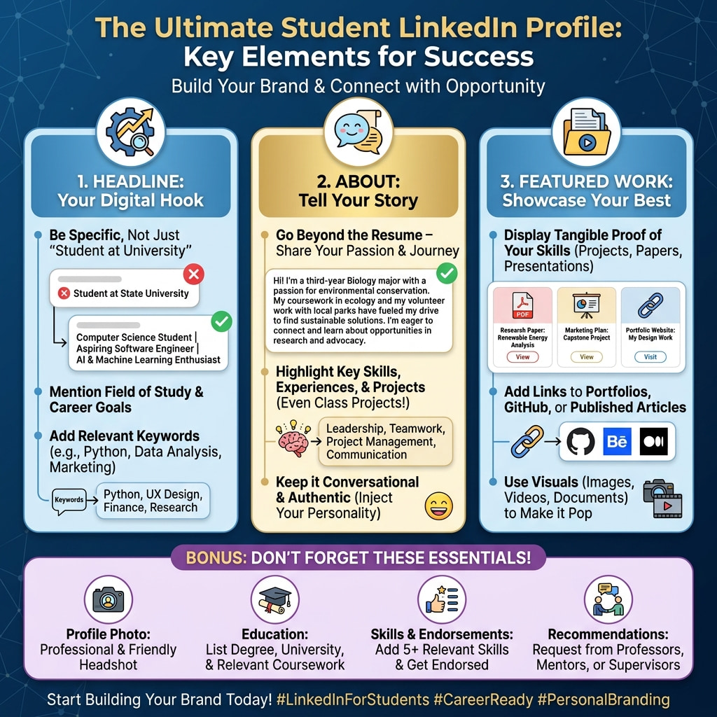 Infographic showing key elements of a strong LinkedIn profile for students.