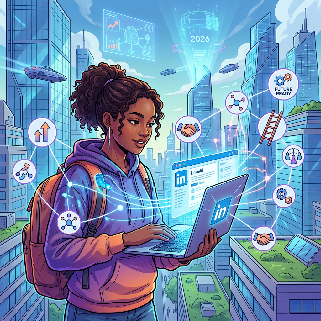 Student using LinkedIn on a laptop with futuristic elements symbolizing networking and career growth.