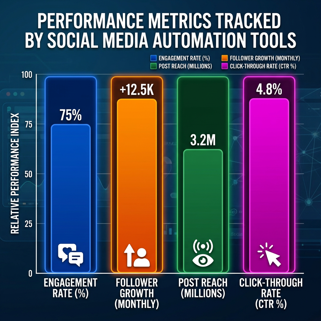 Bar chart showing performance metrics tracked by social media automation tools.