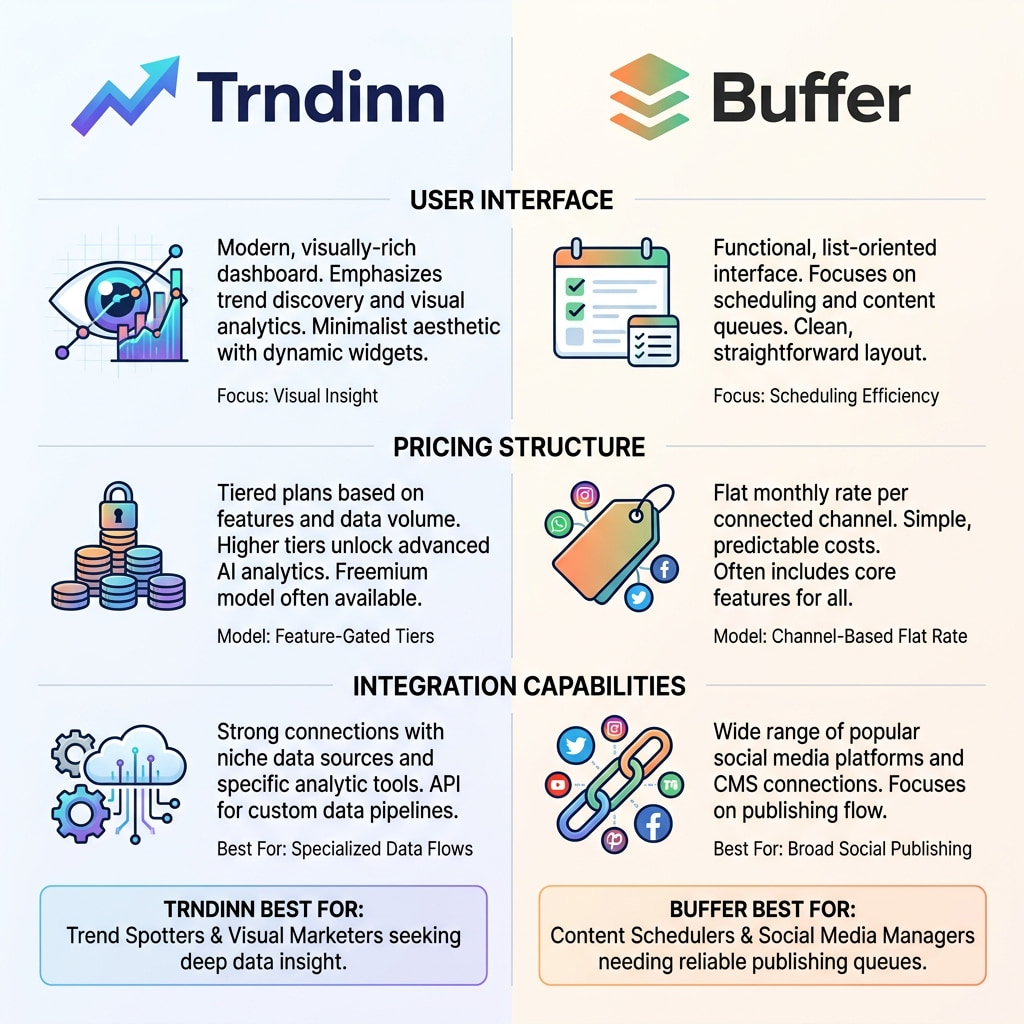 Side-by-side comparison of Trndinn and Buffer, showcasing their features and differences.