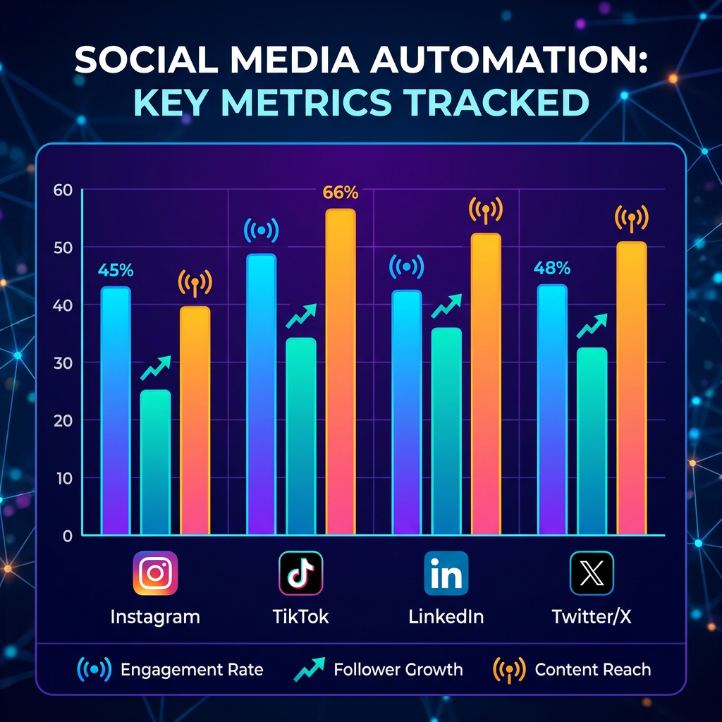 Bar chart showing metrics like engagement rates, follower growth, and content reach tracked by automation tools.