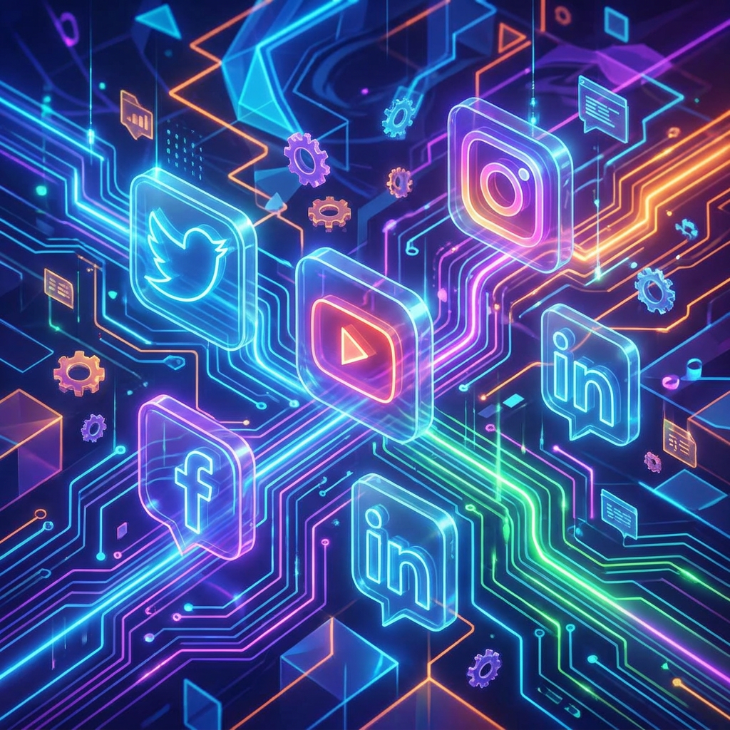 Futuristic illustration of social media icons connected by digital lines symbolizing automation.